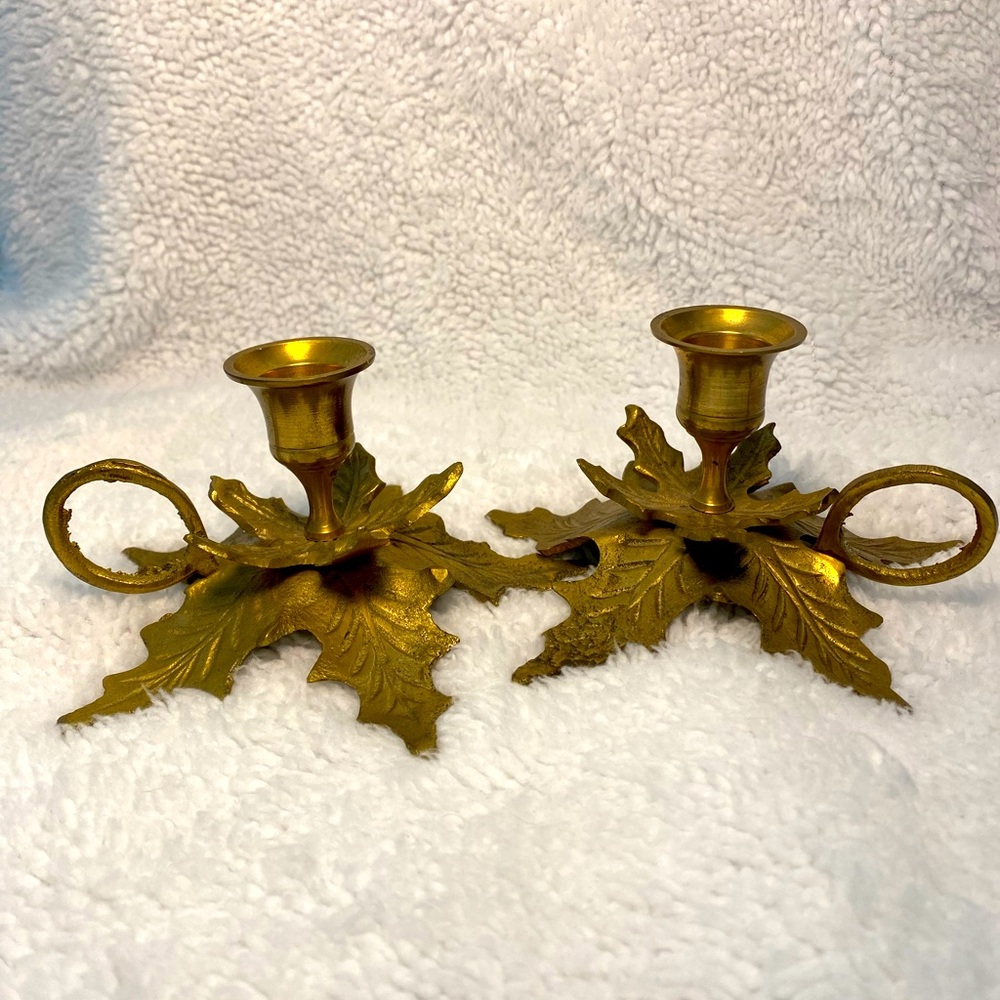 Set of Two Vintage Solid Brass Holly Leaf Candlestick Holders